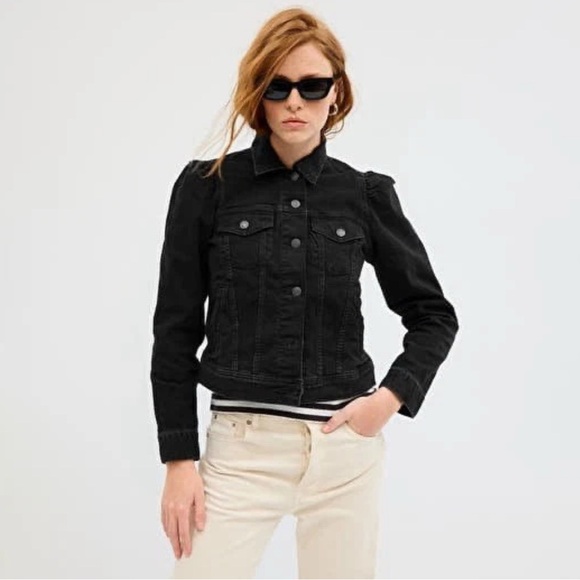 NEW GAP Puff Sleeve Black Wash Denim Jean Jacket Utility Women Size XL Classic - Picture 1 of 9